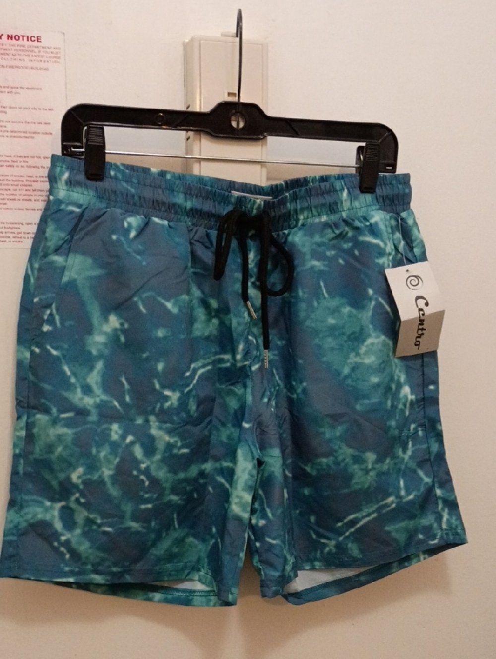 Out Of The Office Men's Teal Marble Swim Trunks with Black Drawstring